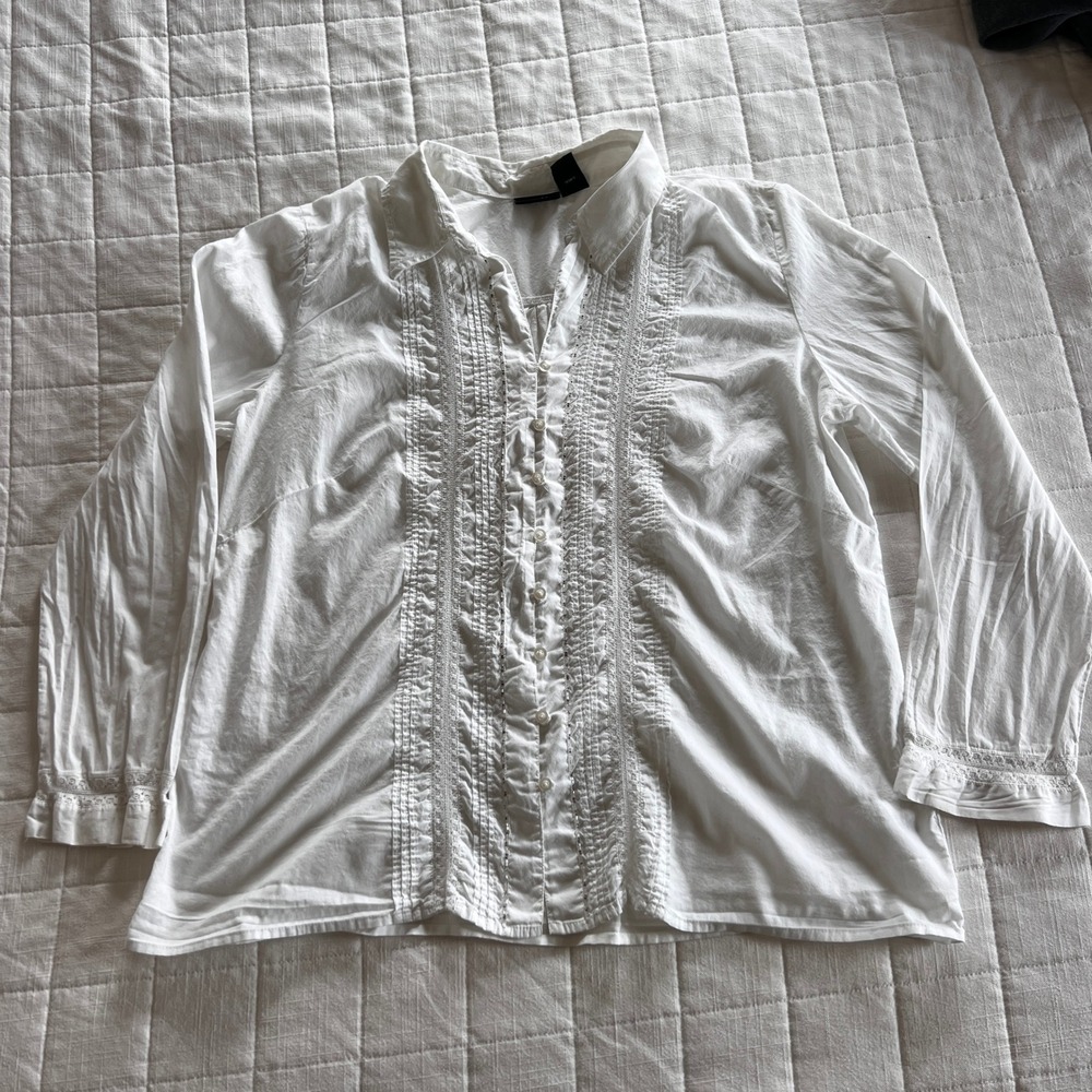 a.n.a White Cotton Pintuck Lace Beaded Button Down Blouse Top 1X